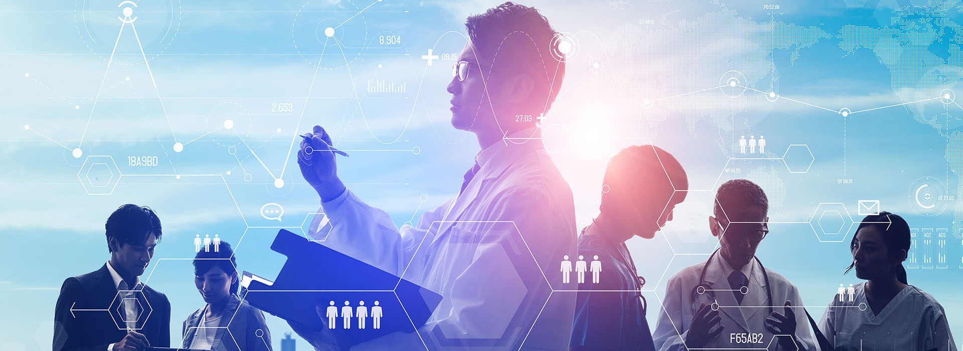 Business people in front of a blue sky with icons, showcasing tech4 copy